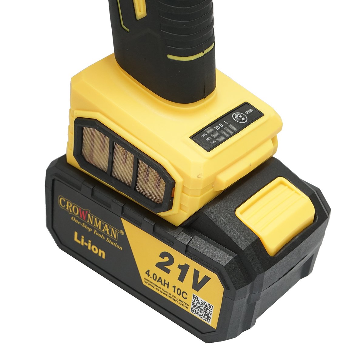 Polizor unghiular cu acumulator lithium 21V/4Ah, motor fara perii (brushless), 3 trepte de viteza, diametru disc 115mm Crownman